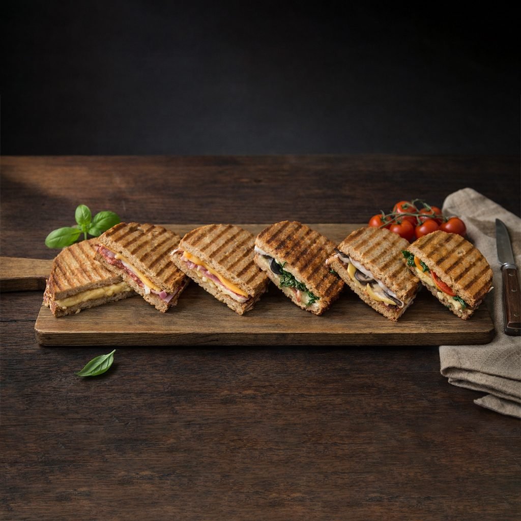 Vijf ambachtelijke Tostissimo tosti's op een houten plank